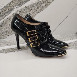 Jimmy Choo Black Patent Buckle Ankle Booties Gold Tip Size 39.5